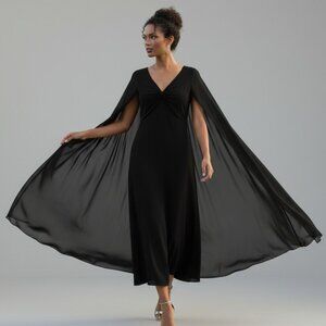 Connected Apparel Black Cape Sleeve Chiffon Midi Dress Cocktail Evening Gown 14
